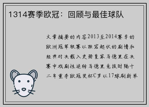 1314赛季欧冠：回顾与最佳球队