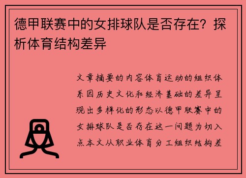 德甲联赛中的女排球队是否存在？探析体育结构差异